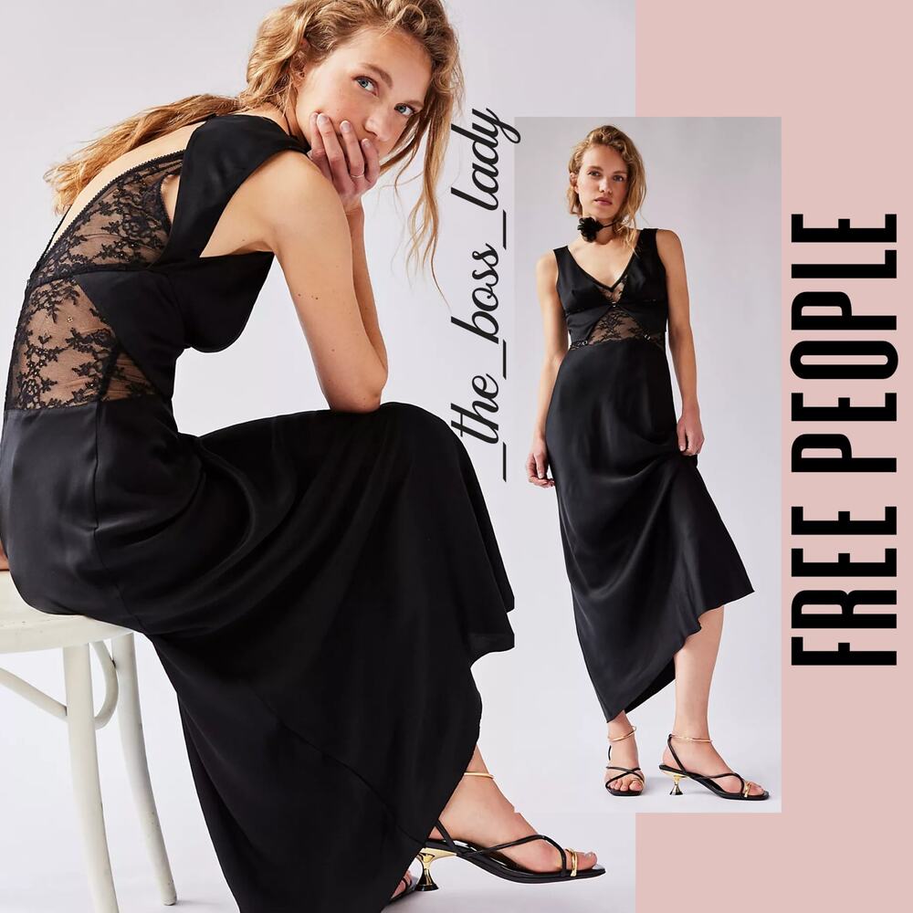 Free People x Bec + Bridge maxi dress satin floral lace back cutout black 4